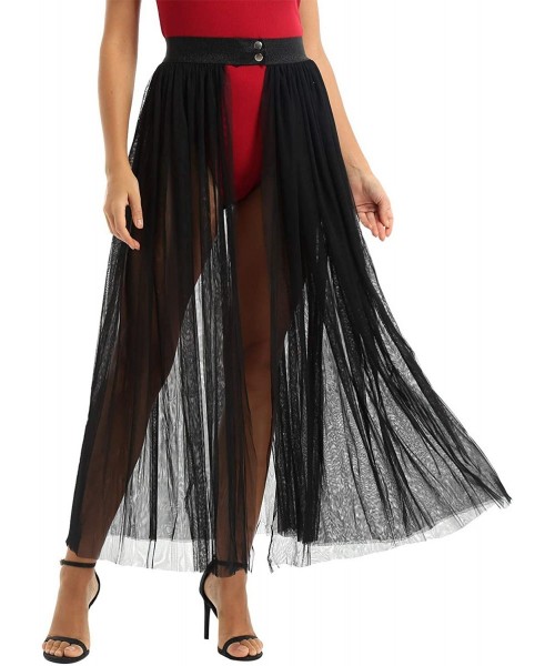 Cover-Ups Women's Summer Sheer Mesh Ankle Length Beach Double Side Slit Maxi Skirt - 2 Black - C519DESW0A9