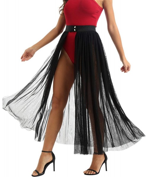 Cover-Ups Women's Summer Sheer Mesh Ankle Length Beach Double Side Slit Maxi Skirt - 2 Black - C519DESW0A9