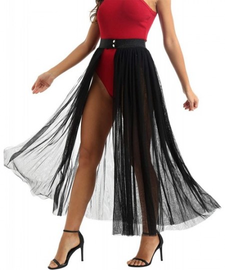 Cover-Ups Women's Summer Sheer Mesh Ankle Length Beach Double Side Slit Maxi Skirt - 2 Black - C519DESW0A9