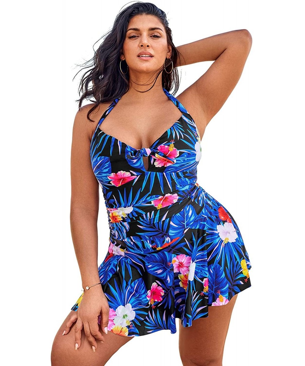 One-Pieces Women's Floral Knotted Halter Plus Size One Piece Swimsuit - CH196UHD0K0