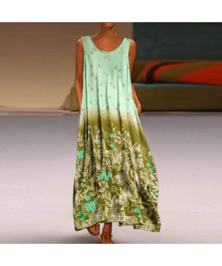 Cover-Ups Women's Sleeveless V-Neck Long Tank Dress Vintage Print Summer Boho Casual Loose Party Maxi Dresses - Z4-green - C7...