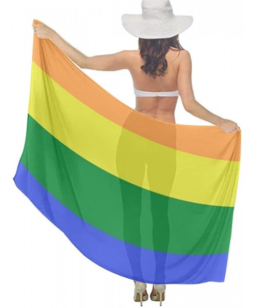 Cover-Ups Women Luxury Chiffon Swimwear Cover Up- Oversize Beach Sarong Shawl Wrap - Lgbt Pride Rainbow Flag - C319C4OGL3H