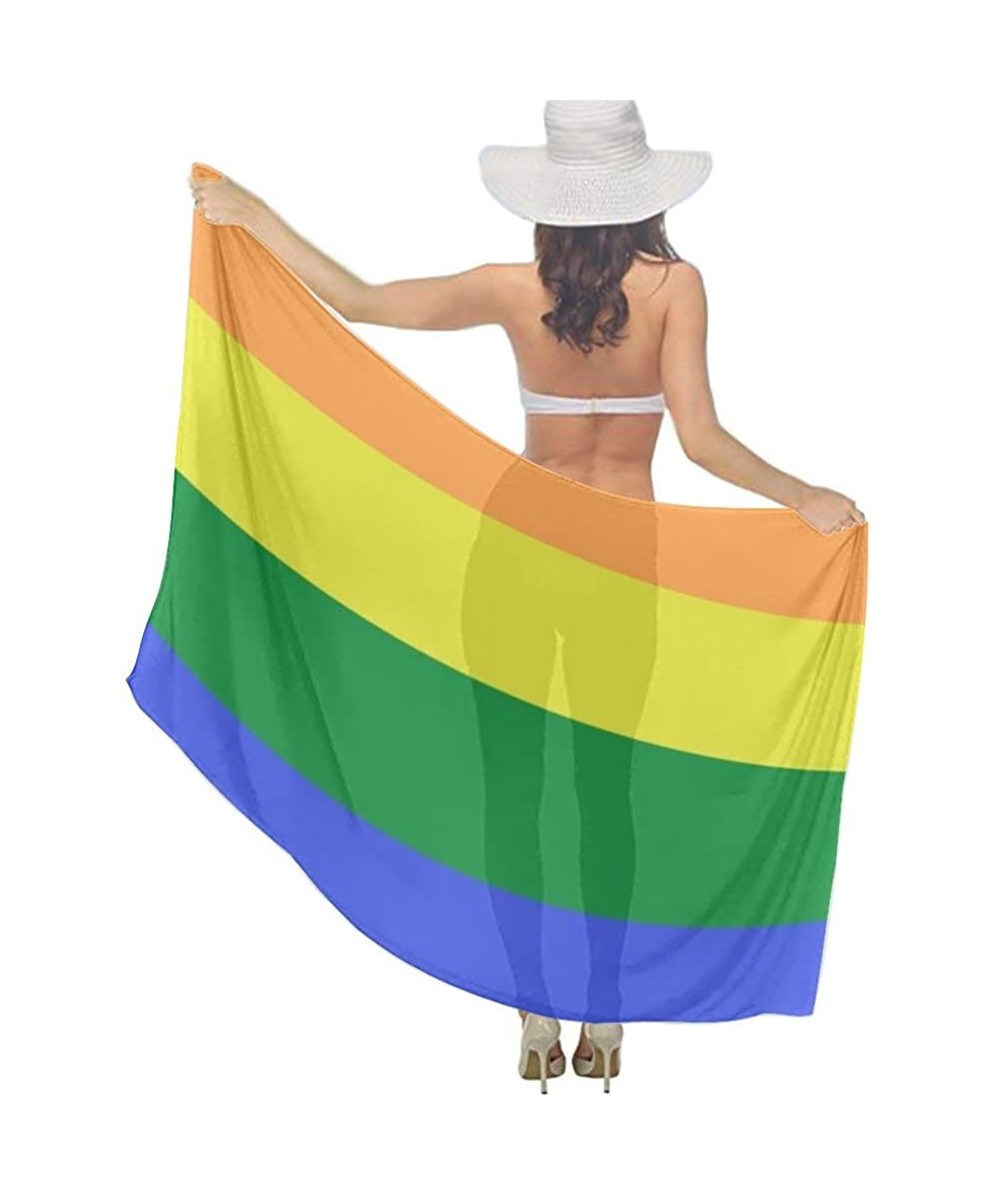 Cover-Ups Women Luxury Chiffon Swimwear Cover Up- Oversize Beach Sarong Shawl Wrap - Lgbt Pride Rainbow Flag - C319C4OGL3H