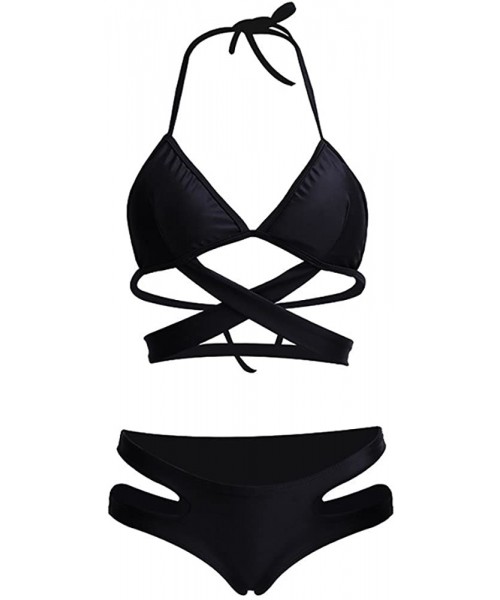 Sets Women's Bikini Swimsuit Criss Cross Halter Push up Padded Top with Bathing Suit Bottom - Black - C918NC4XLDN