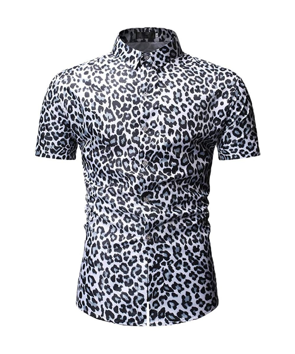 Rash Guards Mens Leopard Print Fashion Short Sleeve Large Size Casual Polo Shirt Tops - White-a - CX18UL7K8IS