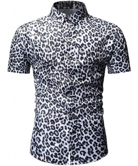 Rash Guards Mens Leopard Print Fashion Short Sleeve Large Size Casual Polo Shirt Tops - White-a - CX18UL7K8IS