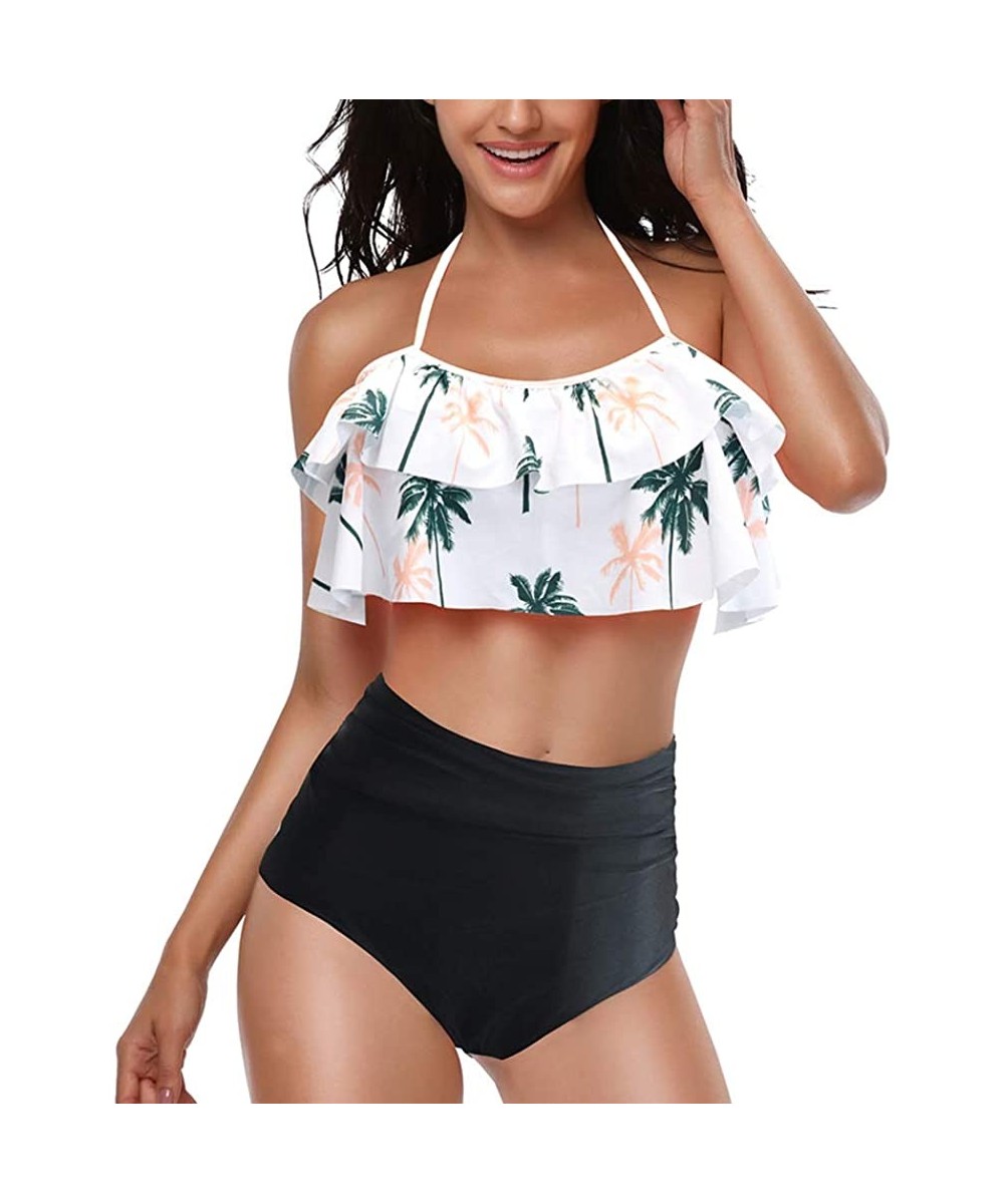 Bottoms Woemn Bikini Two Piece High Waisted Swimsuit Ruffled Flounce Tassel Bathing Suits - Tree + Black - C719C8UWH7S