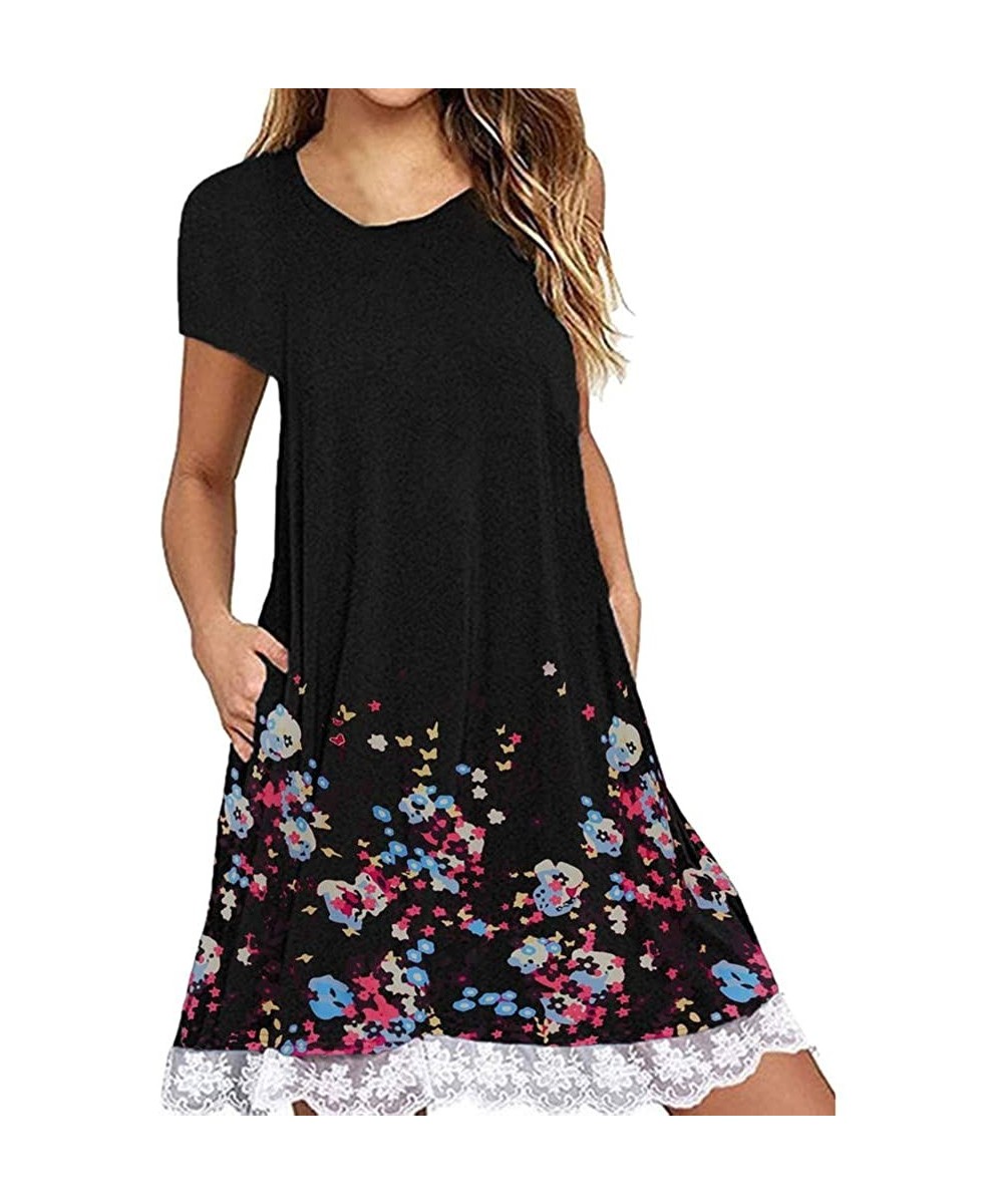 Cover-Ups Women Loose Party Dress Print Pocket Lace Mini Dress Loose Party Dress - black - CN18S8ROSI8