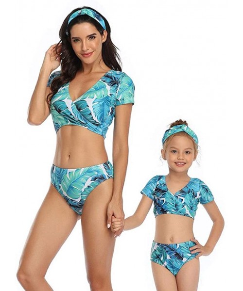 Racing Blue Leaves Family Matching Swimsuit Tankini 2 Piece Set- Matching Swimwear for Dad Mom Son Daughter - Mom - C91952AATH3