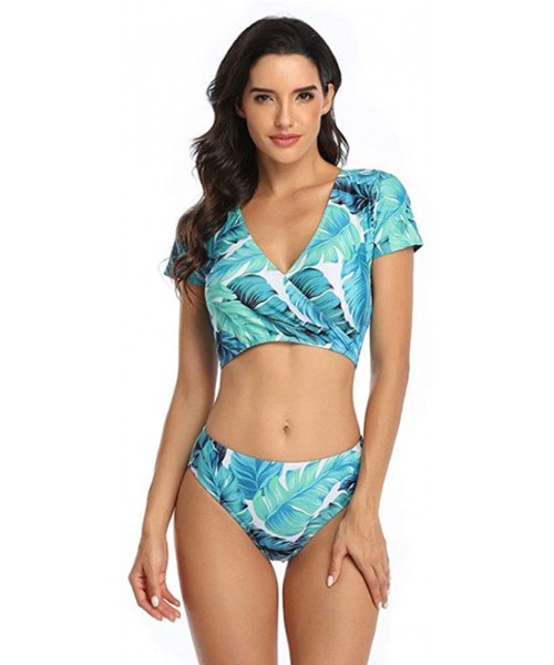 Racing Blue Leaves Family Matching Swimsuit Tankini 2 Piece Set- Matching Swimwear for Dad Mom Son Daughter - Mom - C91952AATH3