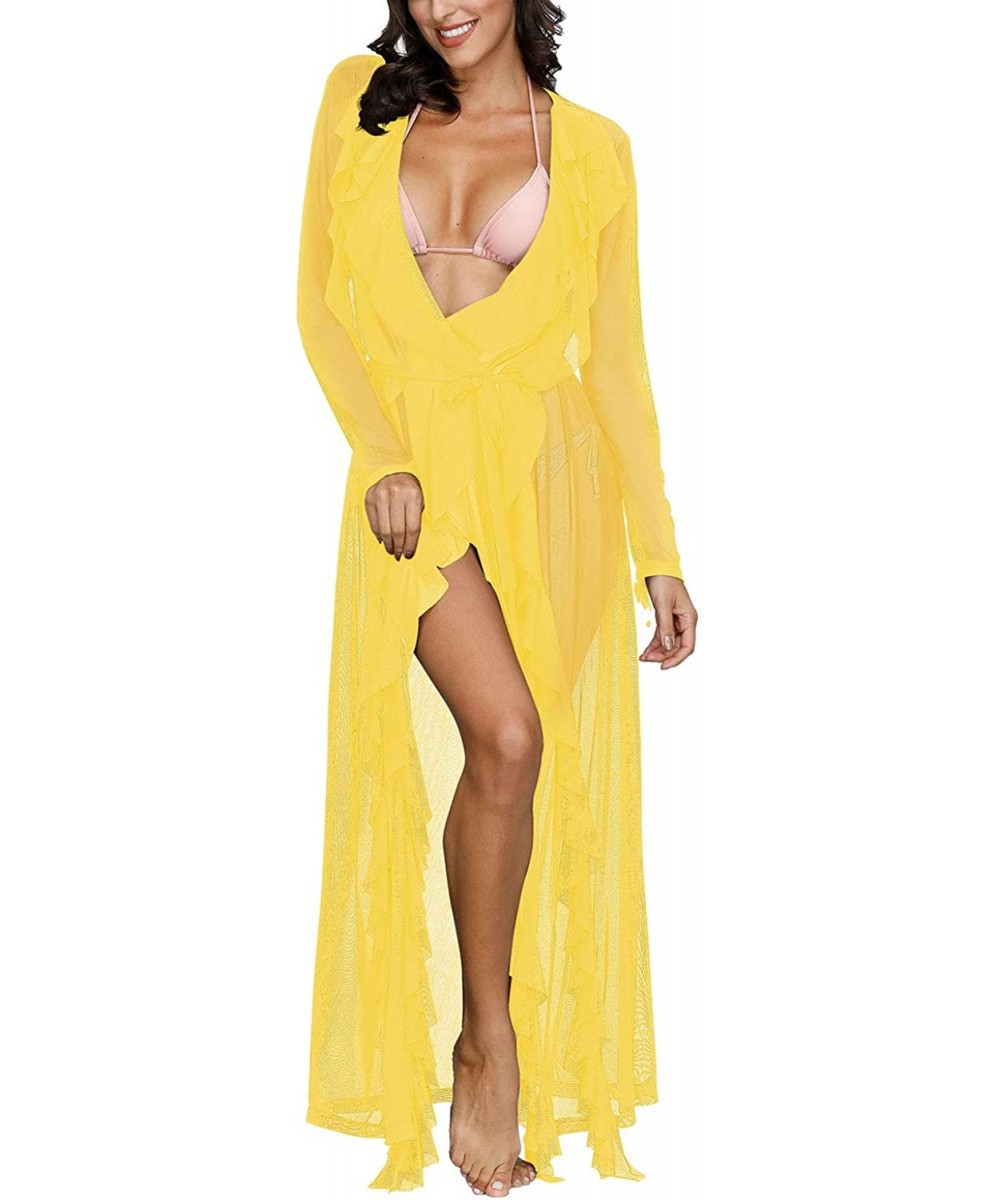 Cover-Ups Women's Sexy Sheer Mesh Ruffle Swimsuit Kimonos Swim Cover Up Robe - Bright Yellow - CL1953MLUMU