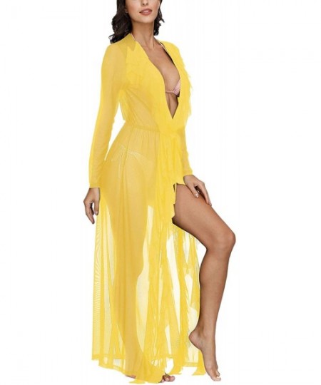 Cover-Ups Women's Sexy Sheer Mesh Ruffle Swimsuit Kimonos Swim Cover Up Robe - Bright Yellow - CL1953MLUMU