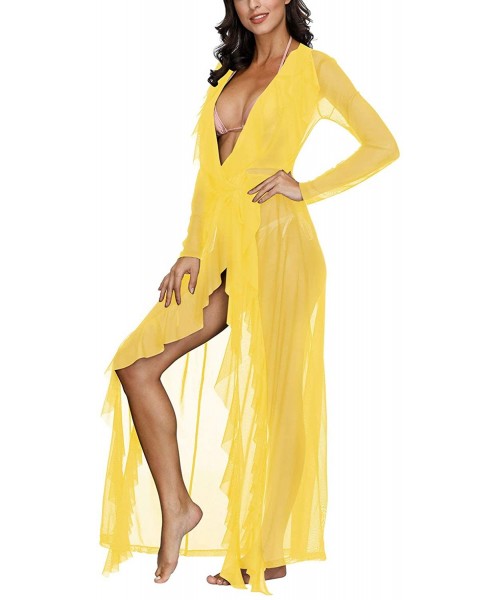 Cover-Ups Women's Sexy Sheer Mesh Ruffle Swimsuit Kimonos Swim Cover Up Robe - Bright Yellow - CL1953MLUMU