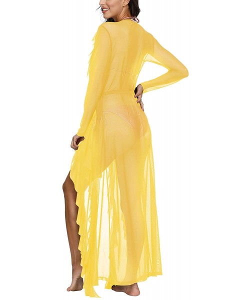 Cover-Ups Women's Sexy Sheer Mesh Ruffle Swimsuit Kimonos Swim Cover Up Robe - Bright Yellow - CL1953MLUMU