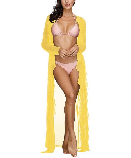 Cover-Ups Women's Sexy Sheer Mesh Ruffle Swimsuit Kimonos Swim Cover Up Robe - Bright Yellow - CL1953MLUMU