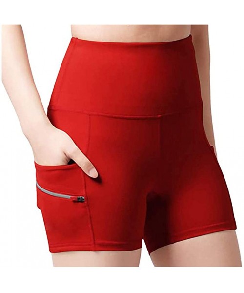 Board Shorts Women's Pure Double Pockett High Waist Shorts Hip Stretch Running Yoga Shorts - Red - CH19CXLZ77G