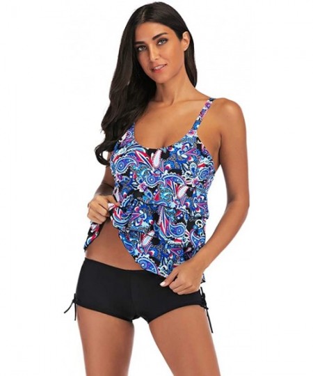 Tankinis Women's Paisley Print Ruffle Layered Tank Top Tankini Swimsuit - Blue - C5196RK4WDM