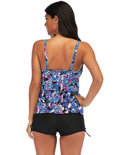 Tankinis Women's Paisley Print Ruffle Layered Tank Top Tankini Swimsuit - Blue - C5196RK4WDM