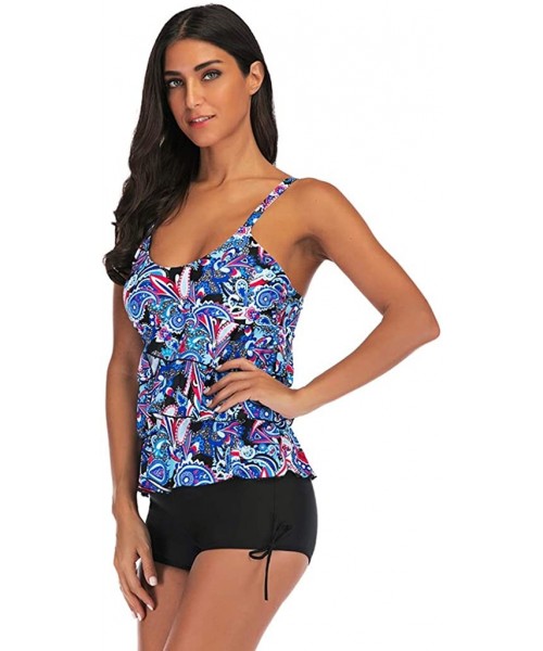 Tankinis Women's Paisley Print Ruffle Layered Tank Top Tankini Swimsuit - Blue - C5196RK4WDM