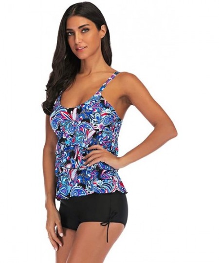 Tankinis Women's Paisley Print Ruffle Layered Tank Top Tankini Swimsuit - Blue - C5196RK4WDM