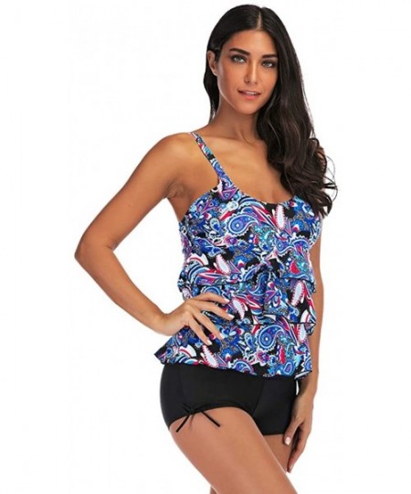 Tankinis Women's Paisley Print Ruffle Layered Tank Top Tankini Swimsuit - Blue - C5196RK4WDM