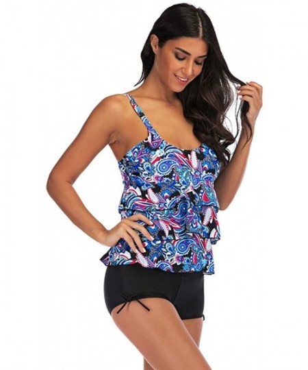 Tankinis Women's Paisley Print Ruffle Layered Tank Top Tankini Swimsuit - Blue - C5196RK4WDM