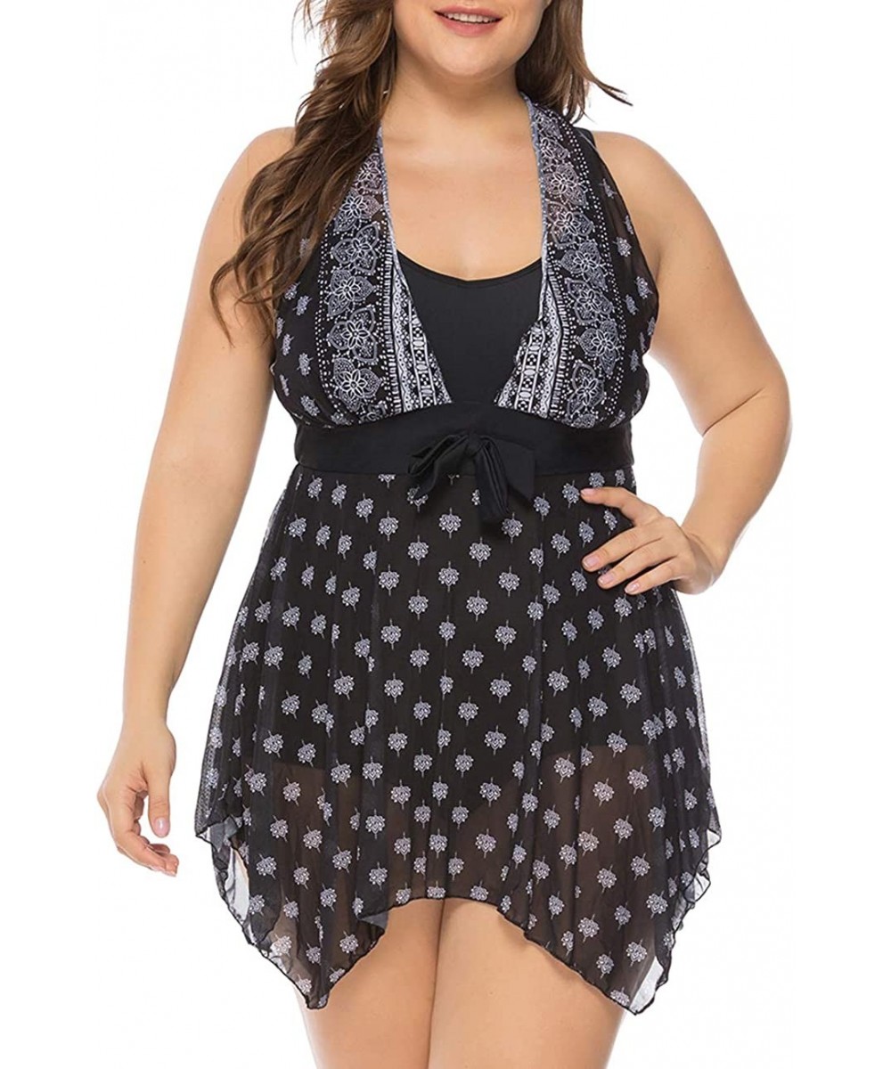 Sets Women's Plus Size Floral Halter Swimsuit Two Piece Pin up Tankini Swimwear - Black-one Piece - CO18ND8L2II