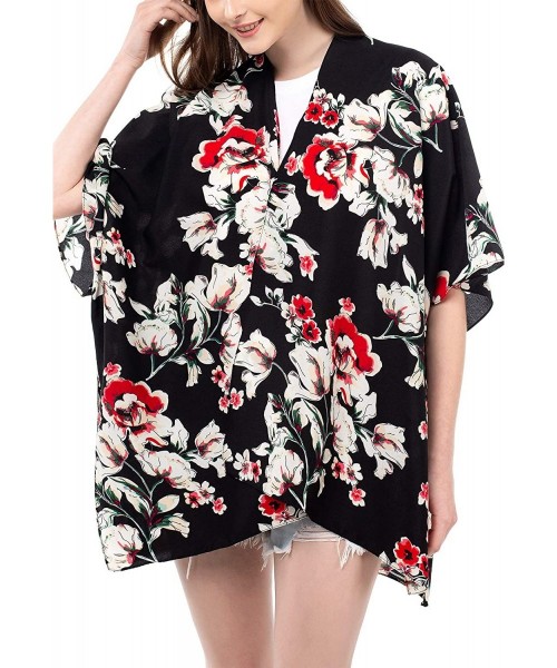 Cover-Ups Women Floral Kimono Cardigan Open Front Beach Cover Up Chiffon Casual Loose Tops - Black_floral 01 - C8190ESMKHM