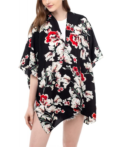 Cover-Ups Women Floral Kimono Cardigan Open Front Beach Cover Up Chiffon Casual Loose Tops - Black_floral 01 - C8190ESMKHM