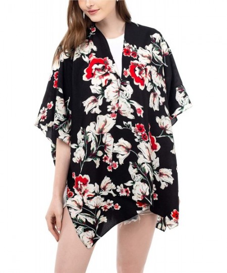 Cover-Ups Women Floral Kimono Cardigan Open Front Beach Cover Up Chiffon Casual Loose Tops - Black_floral 01 - C8190ESMKHM