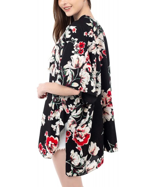 Cover-Ups Women Floral Kimono Cardigan Open Front Beach Cover Up Chiffon Casual Loose Tops - Black_floral 01 - C8190ESMKHM