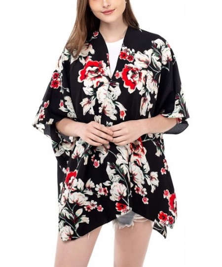 Cover-Ups Women Floral Kimono Cardigan Open Front Beach Cover Up Chiffon Casual Loose Tops - Black_floral 01 - C8190ESMKHM