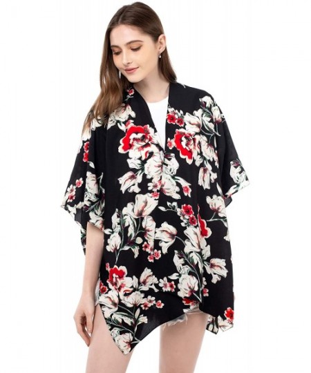 Cover-Ups Women Floral Kimono Cardigan Open Front Beach Cover Up Chiffon Casual Loose Tops - Black_floral 01 - C8190ESMKHM