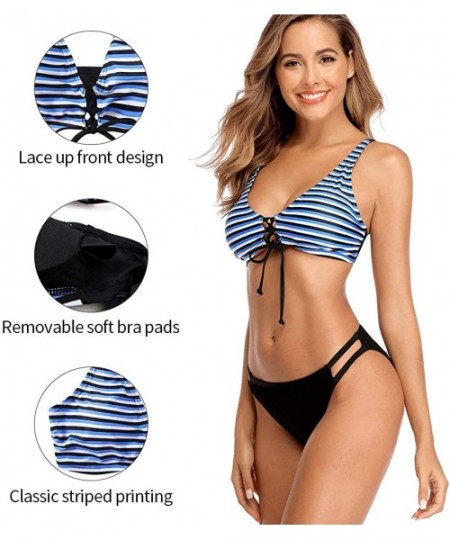 Sets Women Printed Bikini Swimsuit Lace Up Bathing Suits Two Piece Swimwear - Black/Blue Stripe - CM18YOYIU23