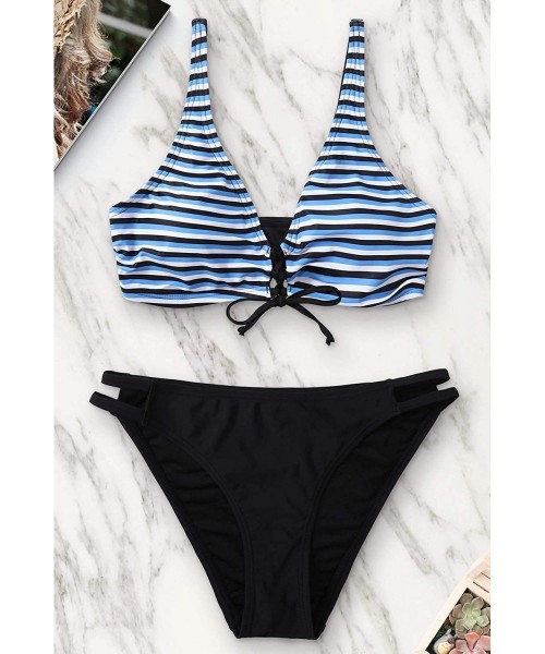 Sets Women Printed Bikini Swimsuit Lace Up Bathing Suits Two Piece Swimwear - Black/Blue Stripe - CM18YOYIU23