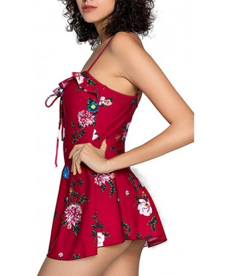 One-Pieces Women's Tie Front One Piece Flounce Swimsuit Skirted Bottom Swimwear Swimdress(FBA) - Floral 63 - CJ18LQ9C5HQ