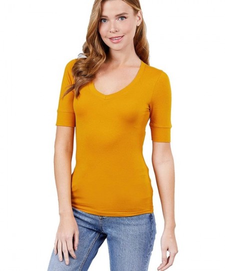 Tankinis Women's Plain Basic Elbow Length Sleeves V Neck Top Fitted Shirt - Dark Mustard - CL186ADMRQ6