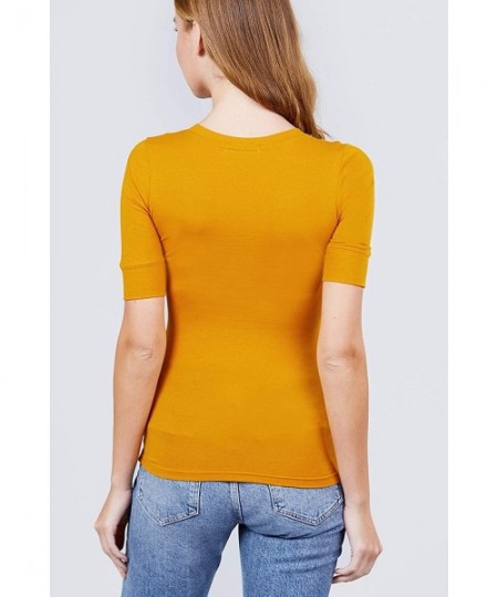 Tankinis Women's Plain Basic Elbow Length Sleeves V Neck Top Fitted Shirt - Dark Mustard - CL186ADMRQ6