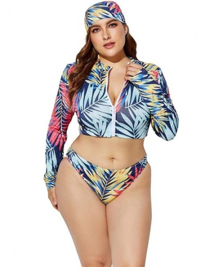 Sets Women's Plus Size Long Sleeve Rash Guard Swimsuits Zipper Front Water Beach Surf Bathing Suits Beachwear Swimwear Blue -...