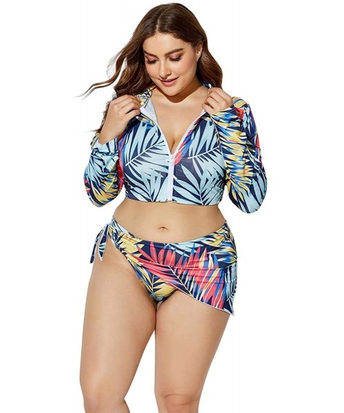 Sets Women's Plus Size Long Sleeve Rash Guard Swimsuits Zipper Front Water Beach Surf Bathing Suits Beachwear Swimwear Blue -...