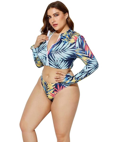 Sets Women's Plus Size Long Sleeve Rash Guard Swimsuits Zipper Front Water Beach Surf Bathing Suits Beachwear Swimwear Blue -...