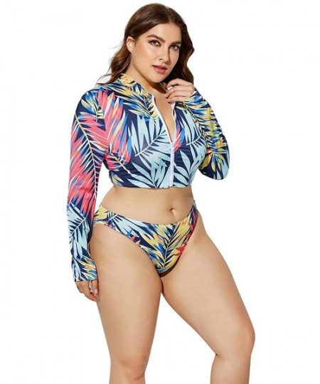 Sets Women's Plus Size Long Sleeve Rash Guard Swimsuits Zipper Front Water Beach Surf Bathing Suits Beachwear Swimwear Blue -...