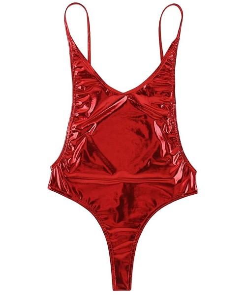 One-Pieces Sexy Women's Shiny Metallic Spaghetti Straps Backless Leotard Bodysuit Swimsuit Swimwear - Red - CO18NNULMOS