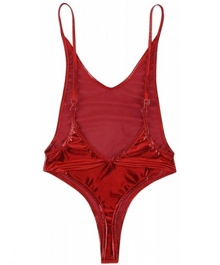 One-Pieces Sexy Women's Shiny Metallic Spaghetti Straps Backless Leotard Bodysuit Swimsuit Swimwear - Red - CO18NNULMOS