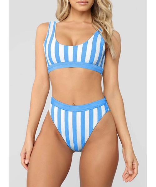 Bottoms Women's Push Up Striped Printed High Waisted Cheeky Two Piece Swimsuits Bikini Set - Sky Blue - C51963YONY9