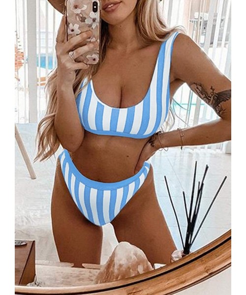 Bottoms Women's Push Up Striped Printed High Waisted Cheeky Two Piece Swimsuits Bikini Set - Sky Blue - C51963YONY9