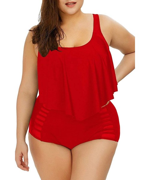 Sets Women Plus Size Ruffles High Waisted Swimsuit Bikini Sets Bathing Suit - 03-red - CC185UCQ44K