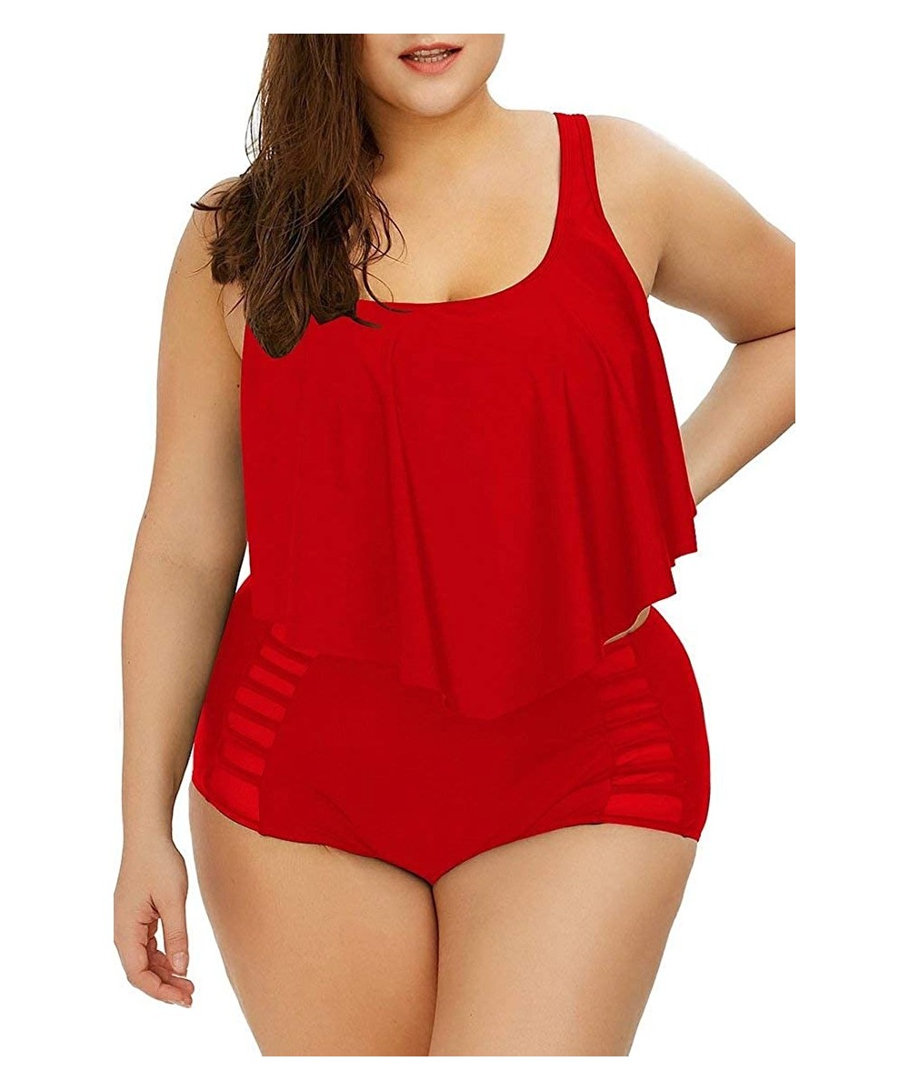 Sets Women Plus Size Ruffles High Waisted Swimsuit Bikini Sets Bathing Suit - 03-red - CC185UCQ44K