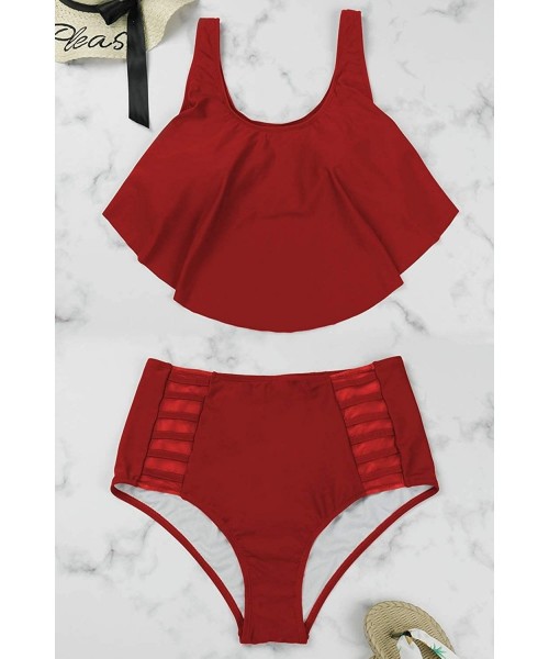 Sets Women Plus Size Ruffles High Waisted Swimsuit Bikini Sets Bathing Suit - 03-red - CC185UCQ44K