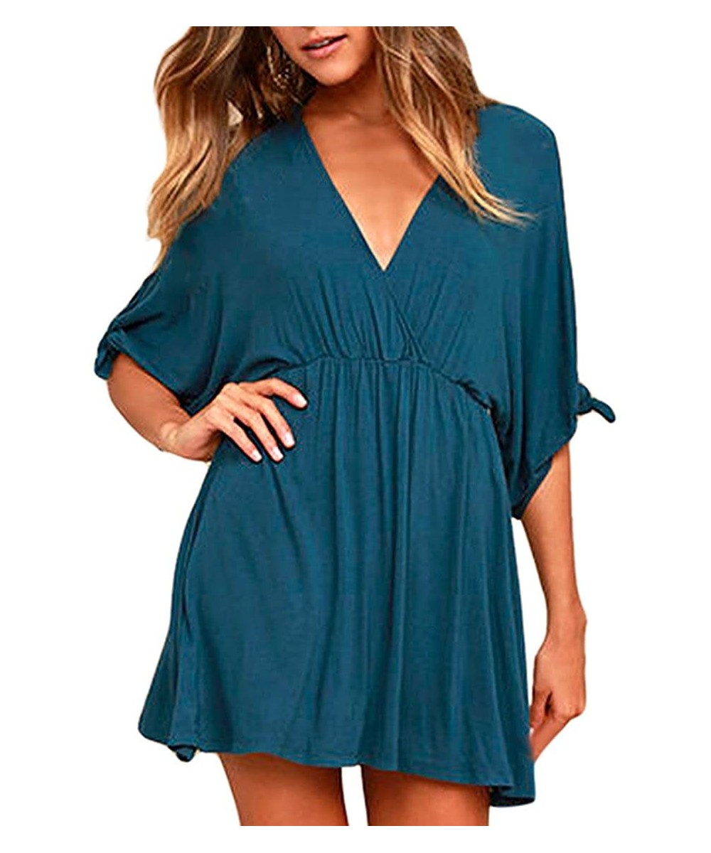 Cover-Ups Women's Deep V Neck Short Sleeve Beach Dress Loose Casual Summer Mini Dresses - Blue - C919C2LLG8C